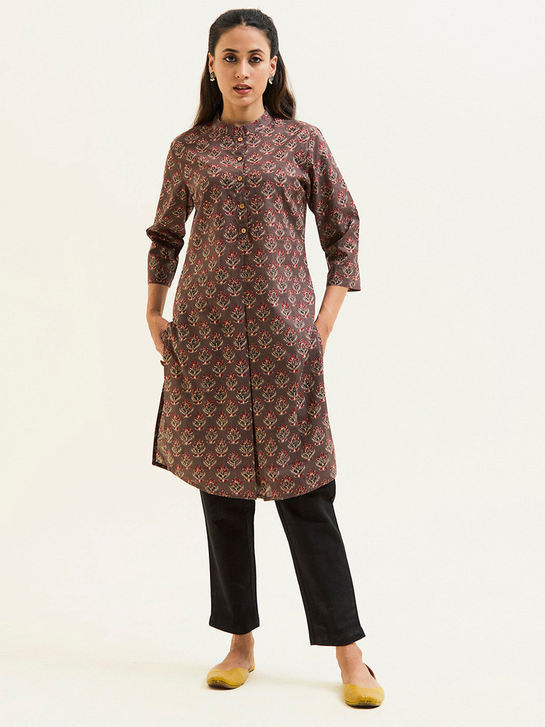 Sand Grey Ethnic Printed Short Kurta