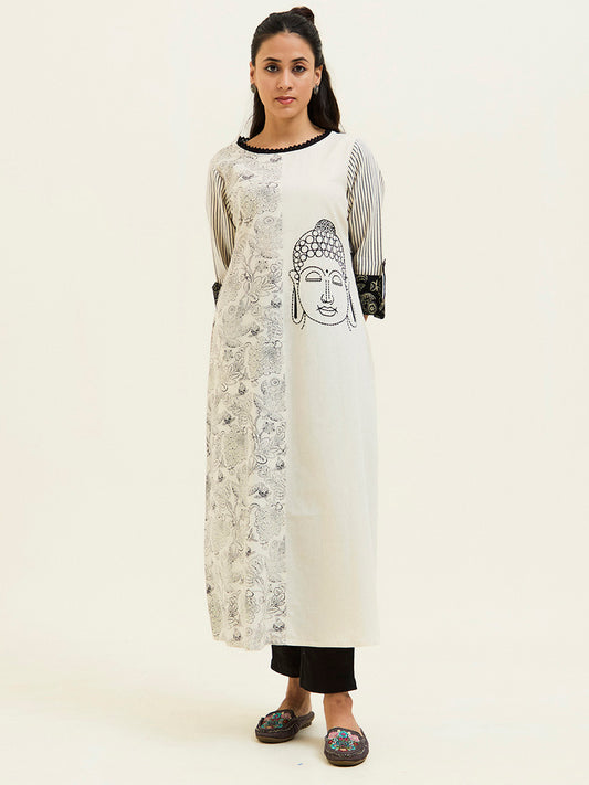 Black Handblock Printed Buddha Embroidered A-line Kurta