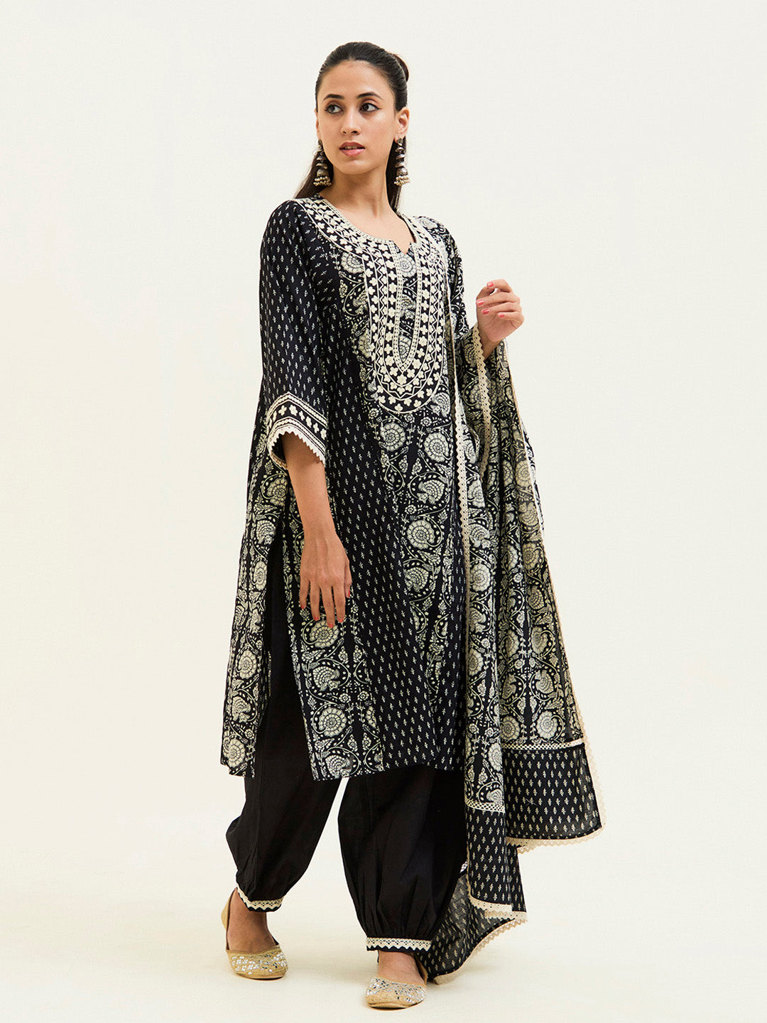 Handblock Printed Black Embroidered Pakistani Suit Set