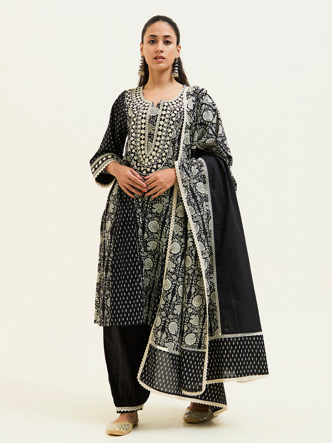 Handblock Printed Black Embroidered Pakistani Suit Set