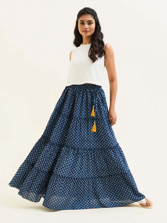 Indigo Blue Handblock Printed Cotton Skirt