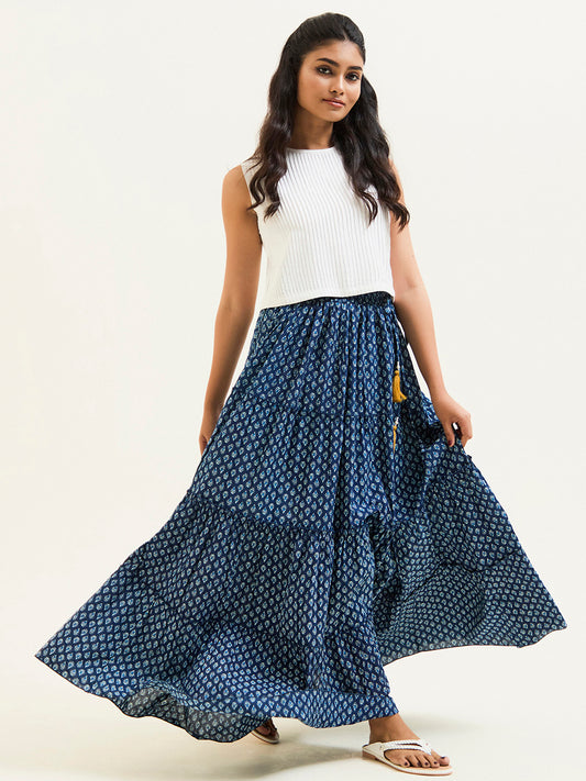 Indigo Blue Handblock Printed Cotton Skirt