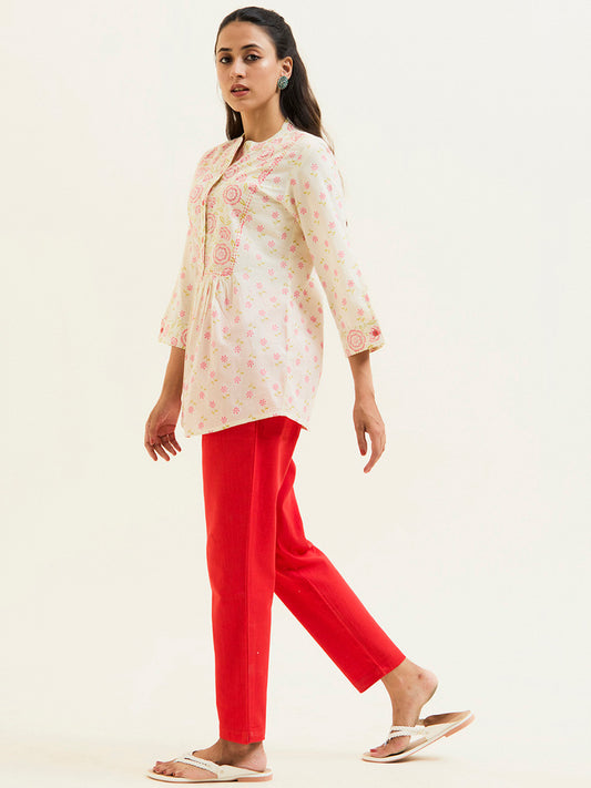 Coral Floral Printed Gathered Top