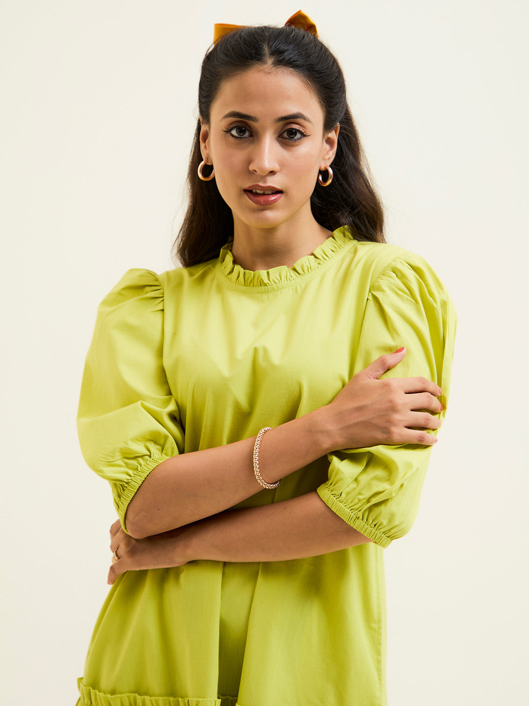 Lime Green Cotton A-line Short Dress