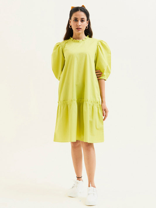 Lime Green Cotton A-line Short Dress