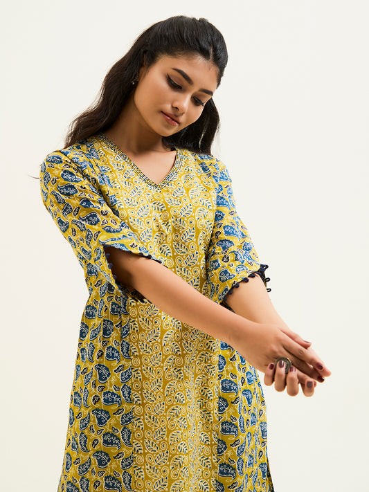 Mustard Ethnic Printed Pakistani Cotton Kurta