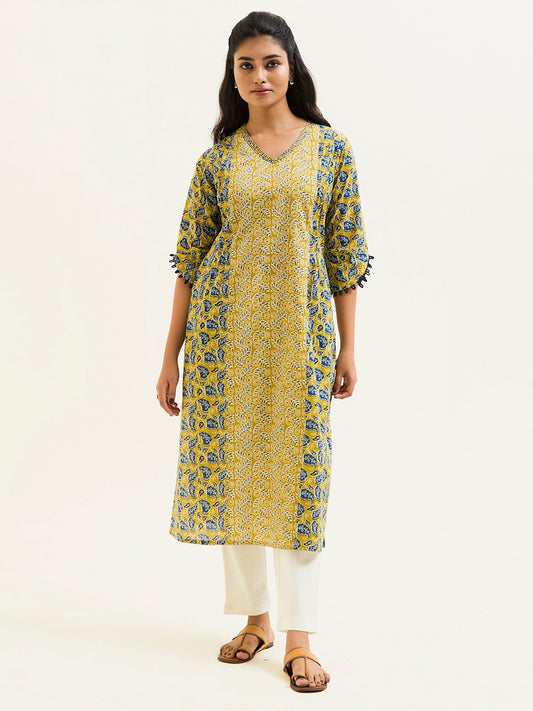 Mustard Ethnic Printed Pakistani Cotton Kurta