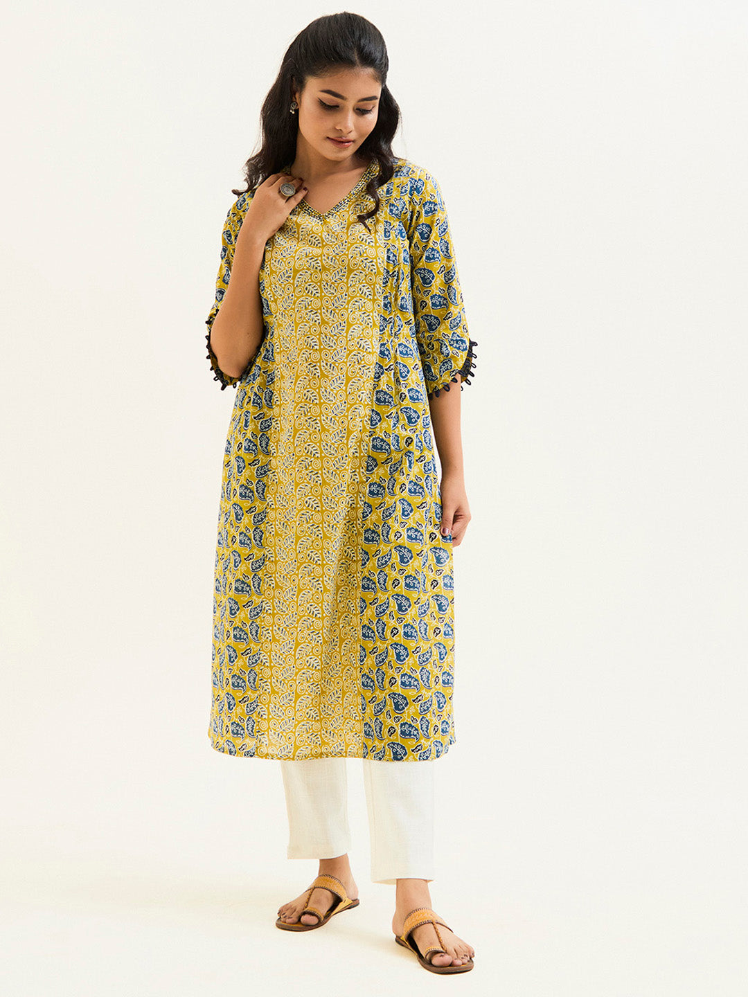 Mustard Ethnic Printed Pakistani Cotton Kurta