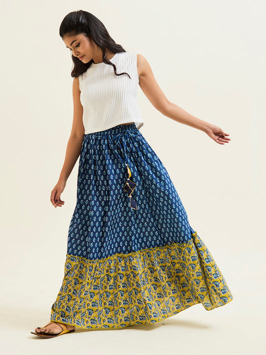 Blue & Mustard Ethnic Printed Cotton Skirt