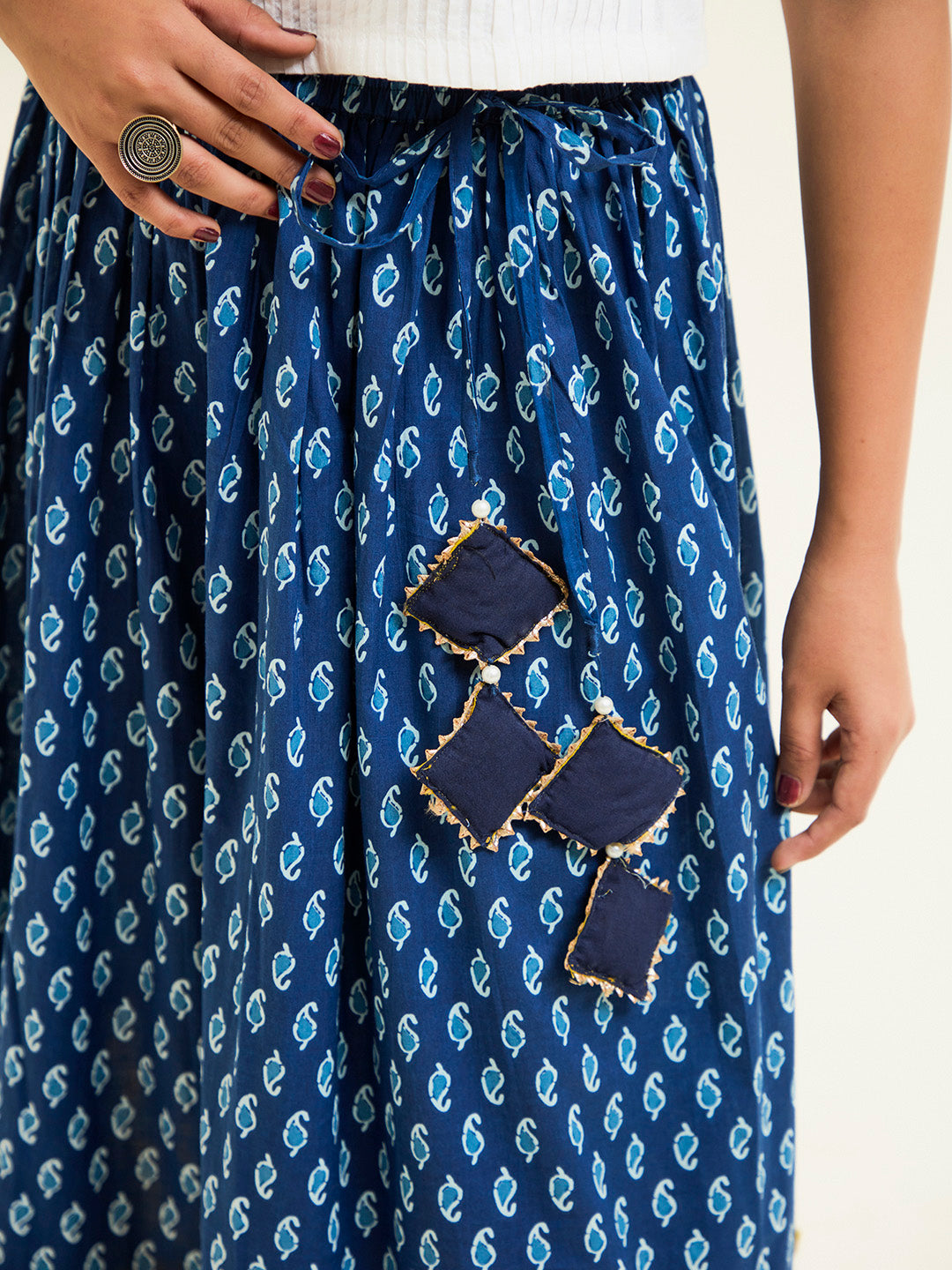 Blue & Mustard Ethnic Printed Cotton Skirt