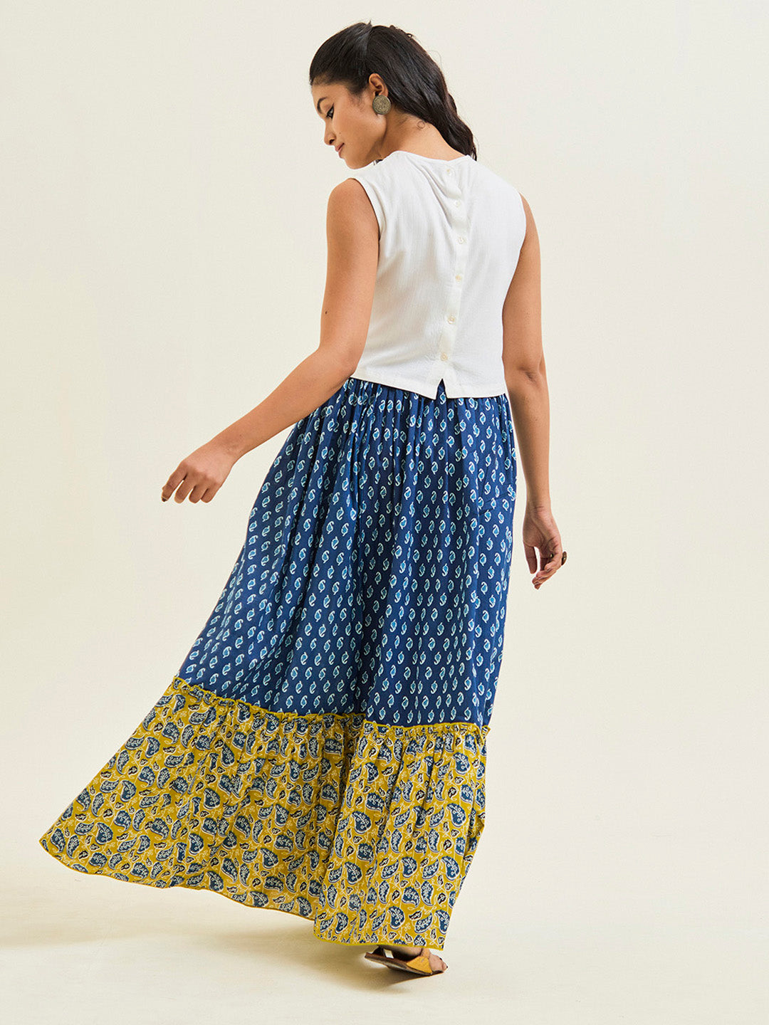 Blue & Mustard Ethnic Printed Cotton Skirt