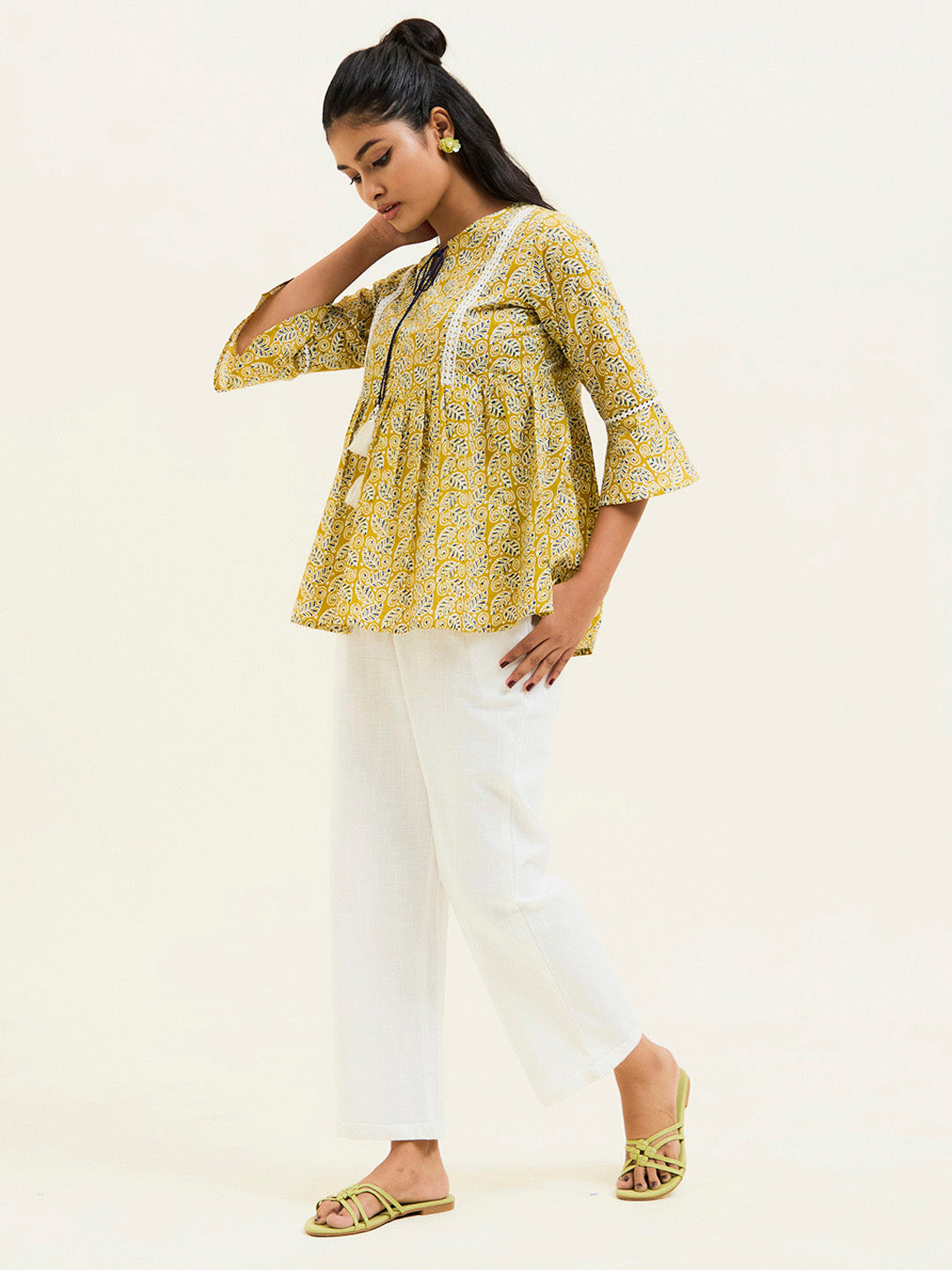 Mustard Printed Cotton Gathered Top