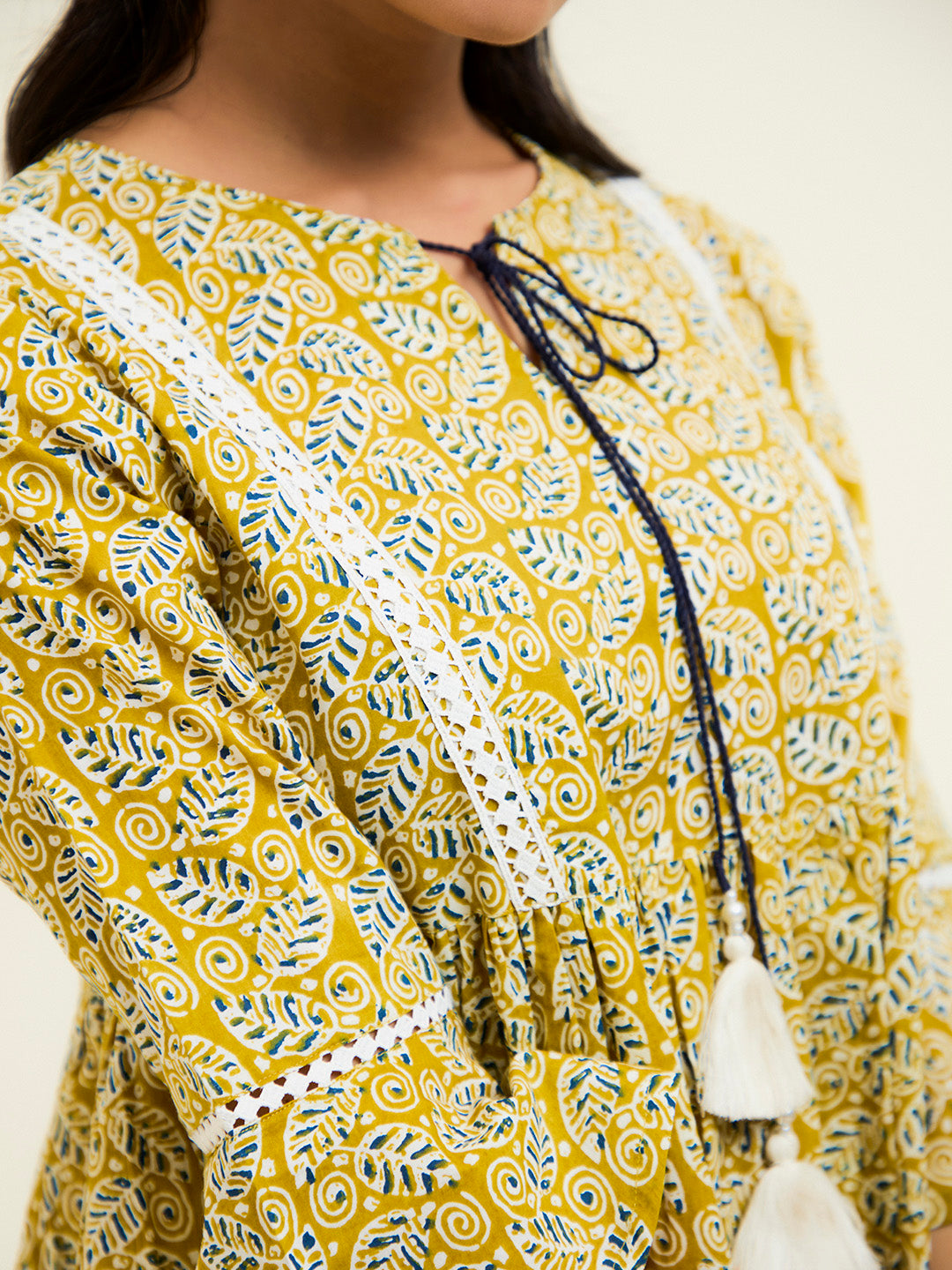 Mustard Printed Cotton Gathered Top