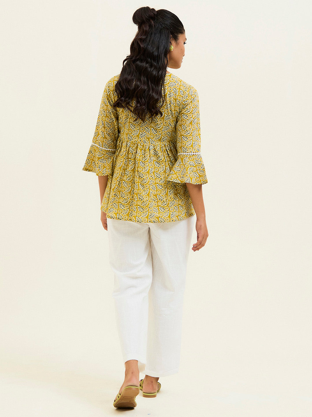 Mustard Printed Cotton Gathered Top