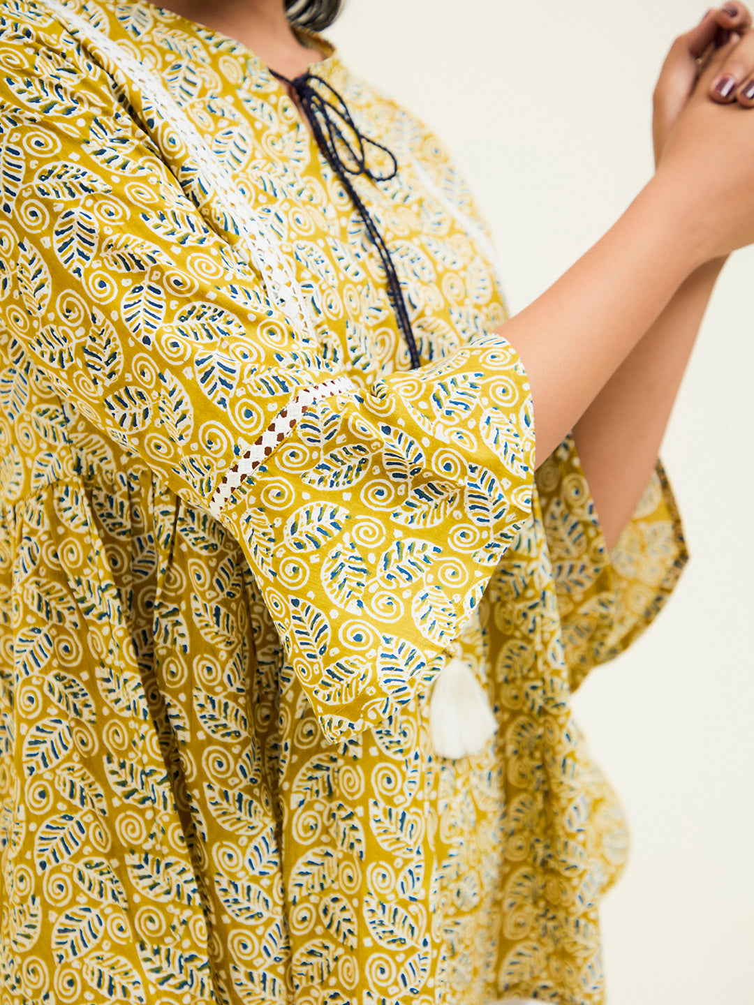 Mustard Printed Cotton Gathered Top