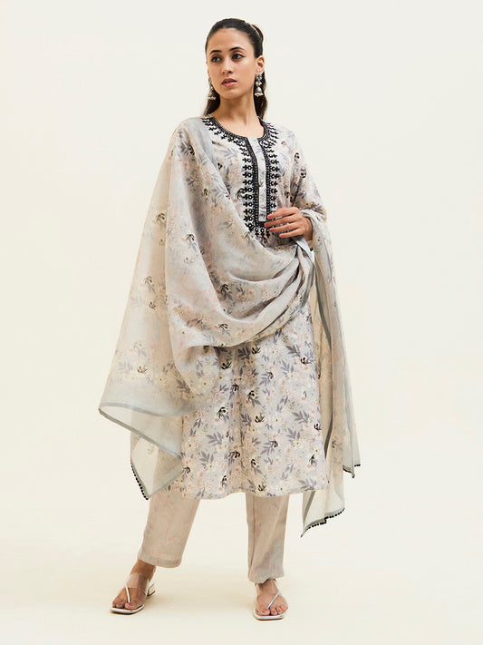 Beige Floral Printed Embroidered Suit Set