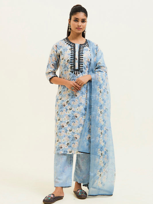 Blue Floral Printed Embroidered Suit Set