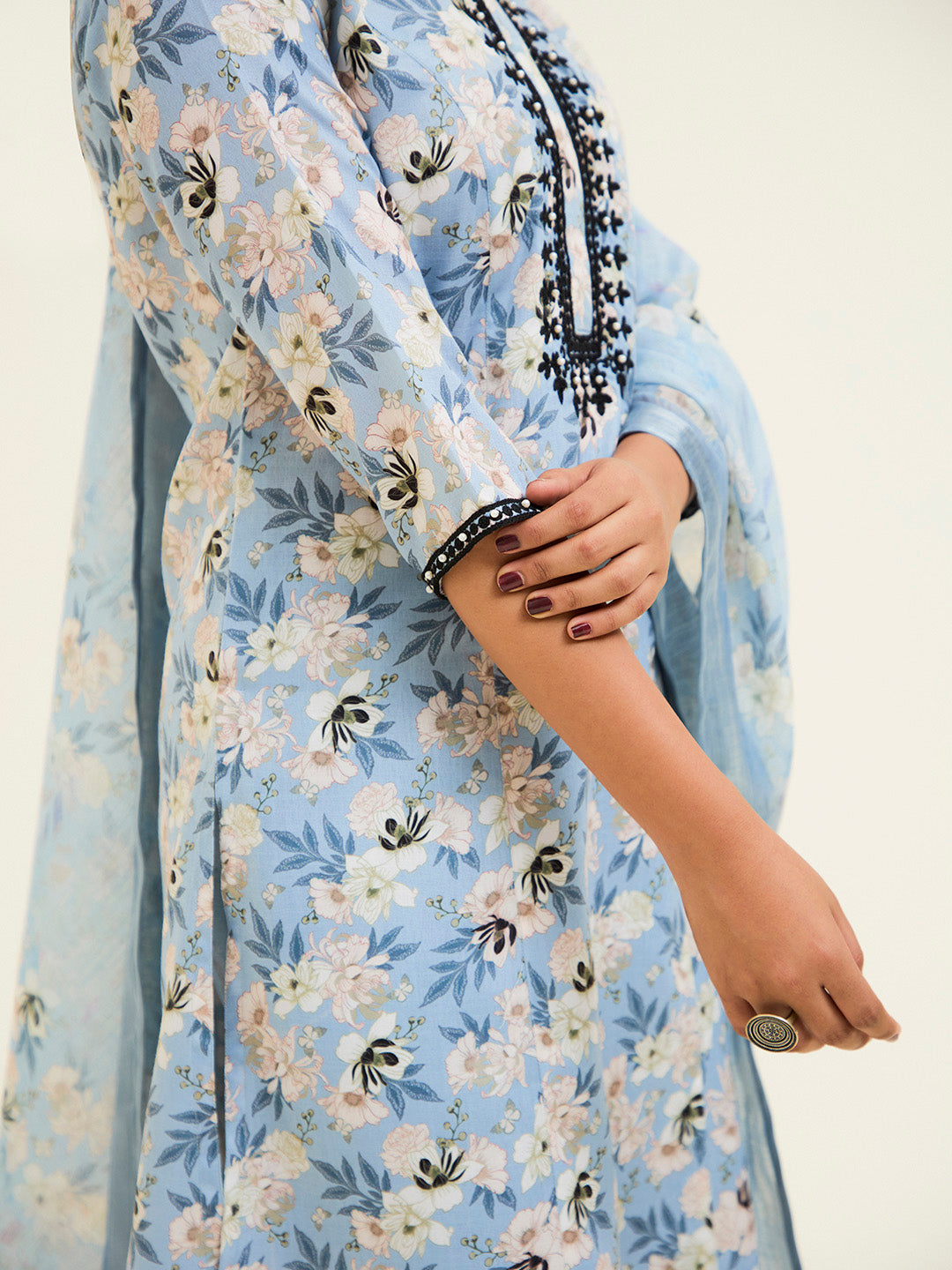 Blue Floral Printed Embroidered Suit Set