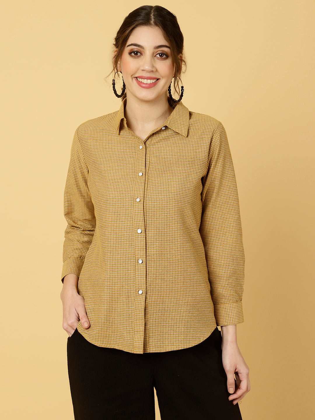 Mustard Cotton Checked Formal Shirt