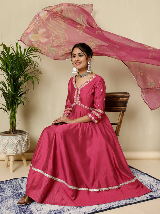 Magenta Zari Work Anarkali Kurta With Printed Dupatta