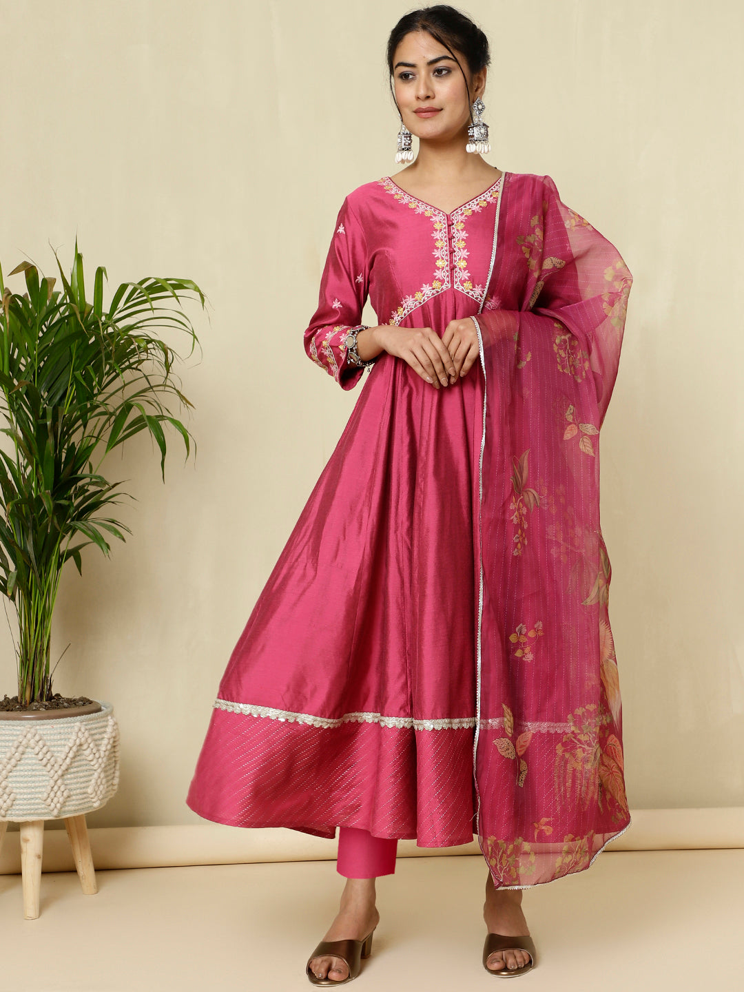 Magenta Zari Work Anarkali Kurta With Printed Dupatta