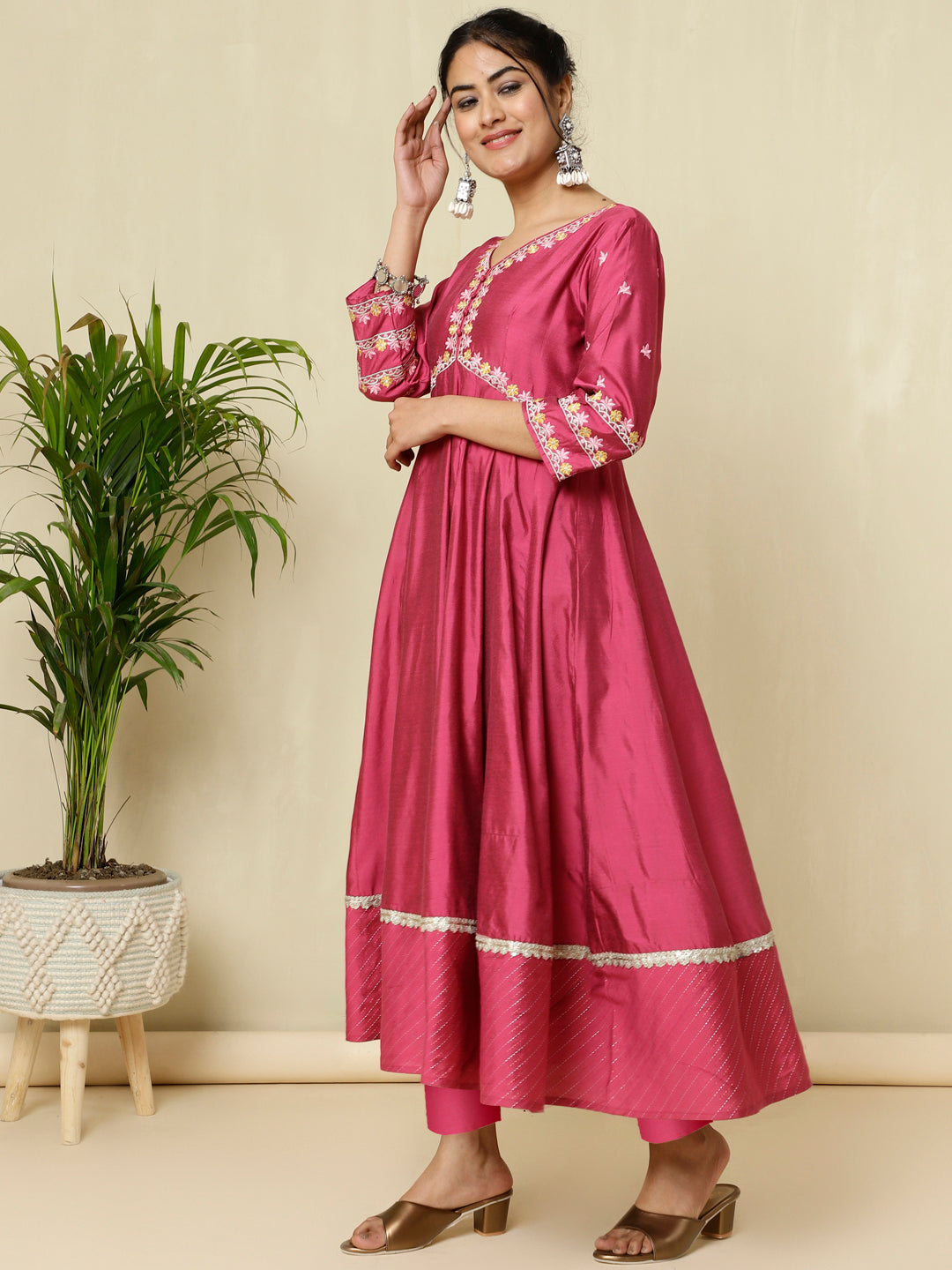 Magenta Zari Work Anarkali Kurta With Printed Dupatta