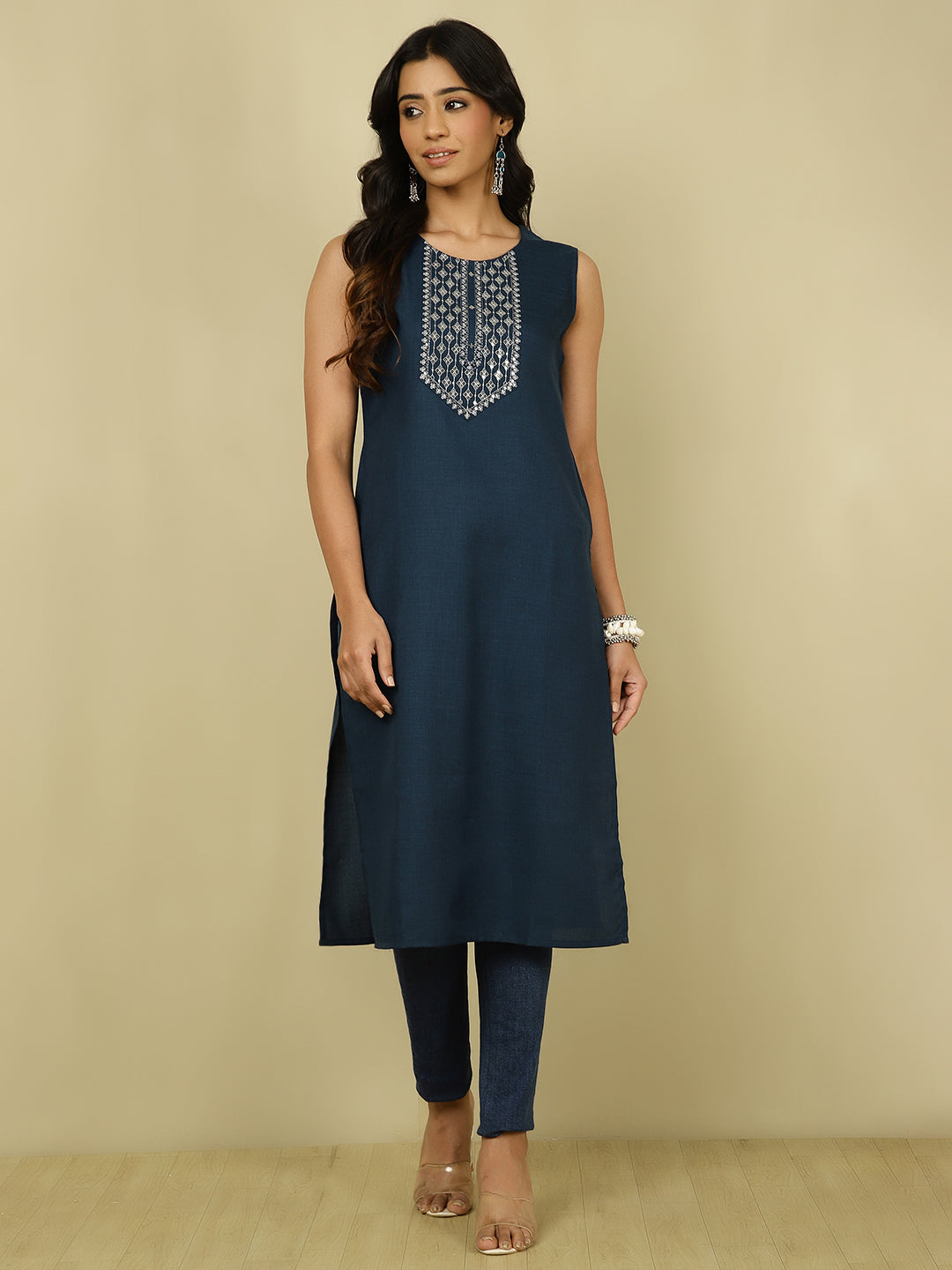 Teal Embroidered Sleeveless Kurta