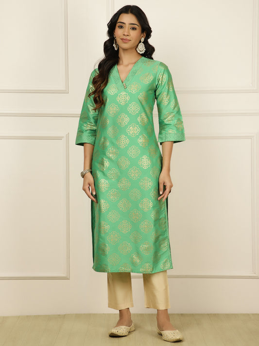 Green Ethnic Printed Straight Kurta