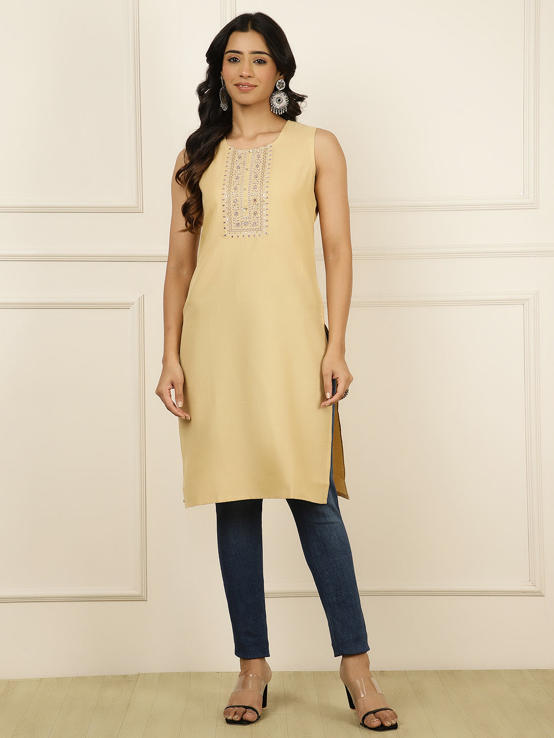 Beige Embroidered Sleeveless Kurta