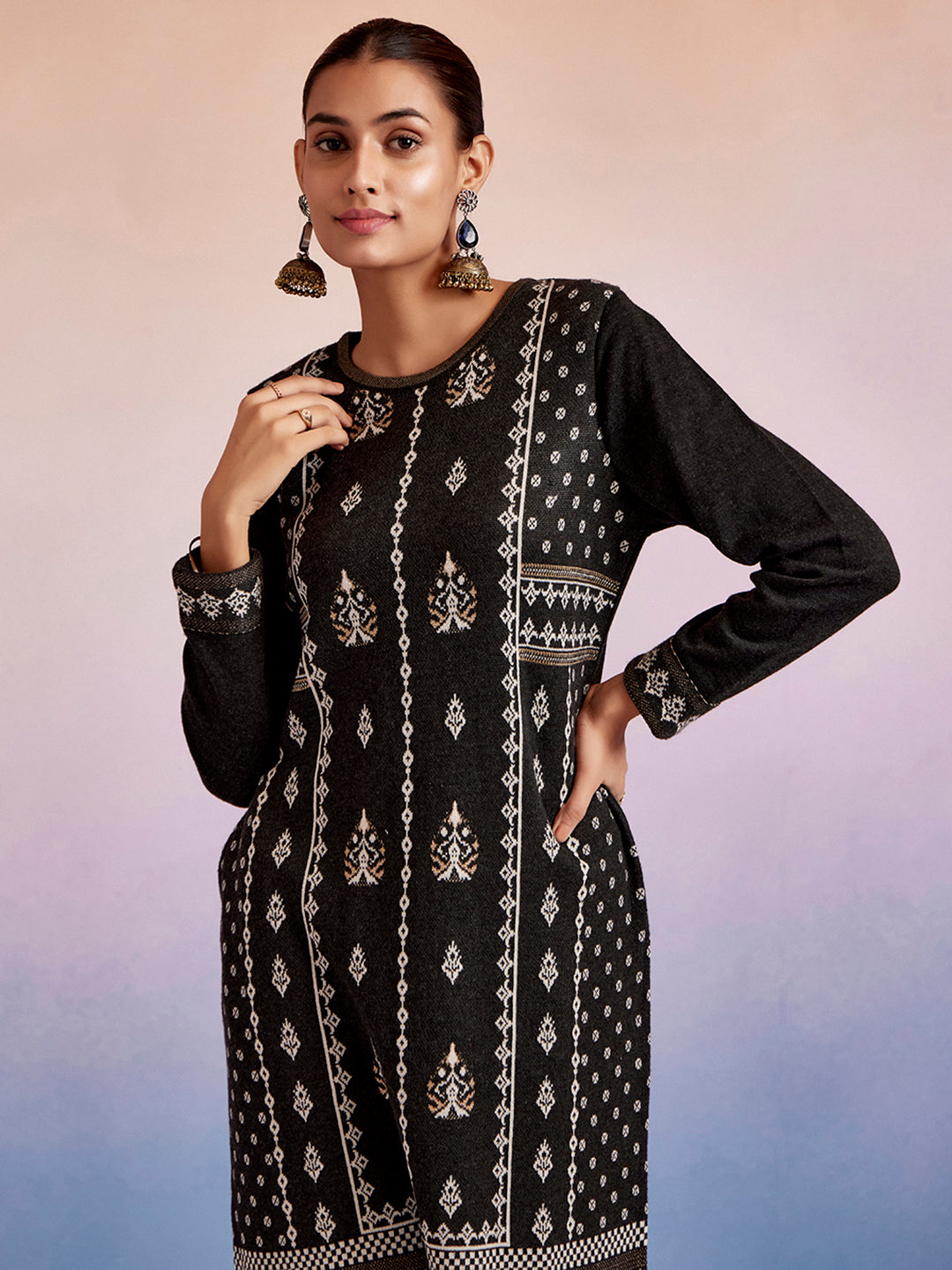 Ethnic Motif Printed Black Woolen Kurta Set