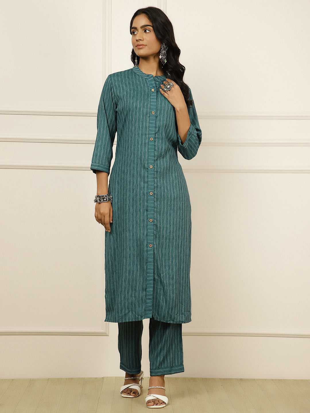 Self-Design Straight Teal Kurta With Palazzo