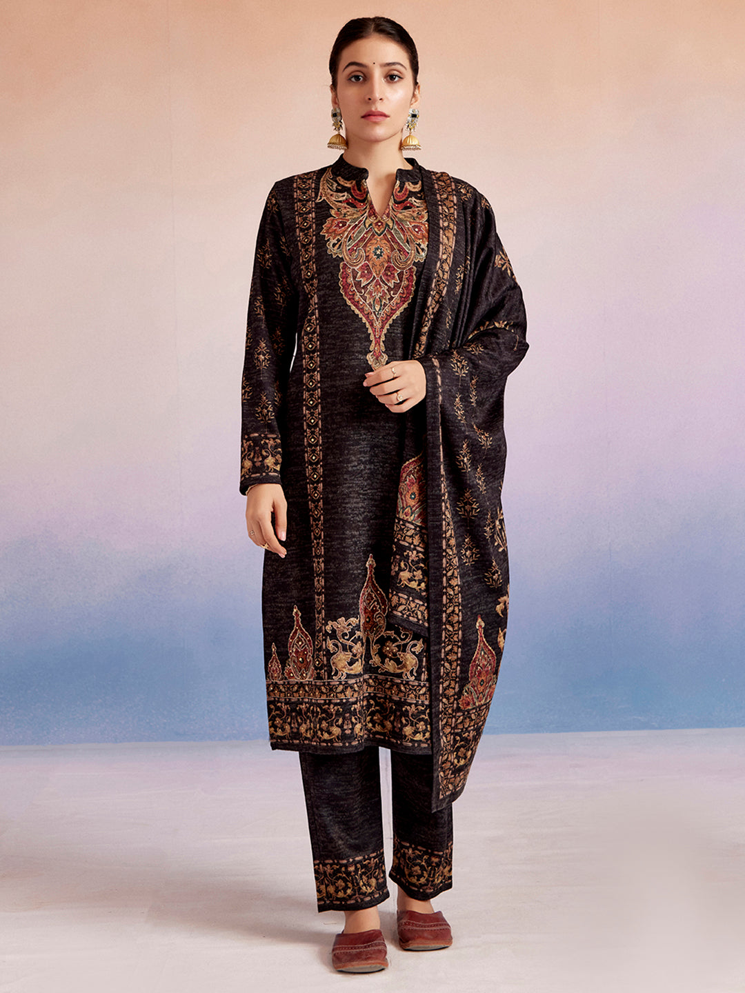 Black Woolen Ethnic Printed Kurta Set With Dupatta