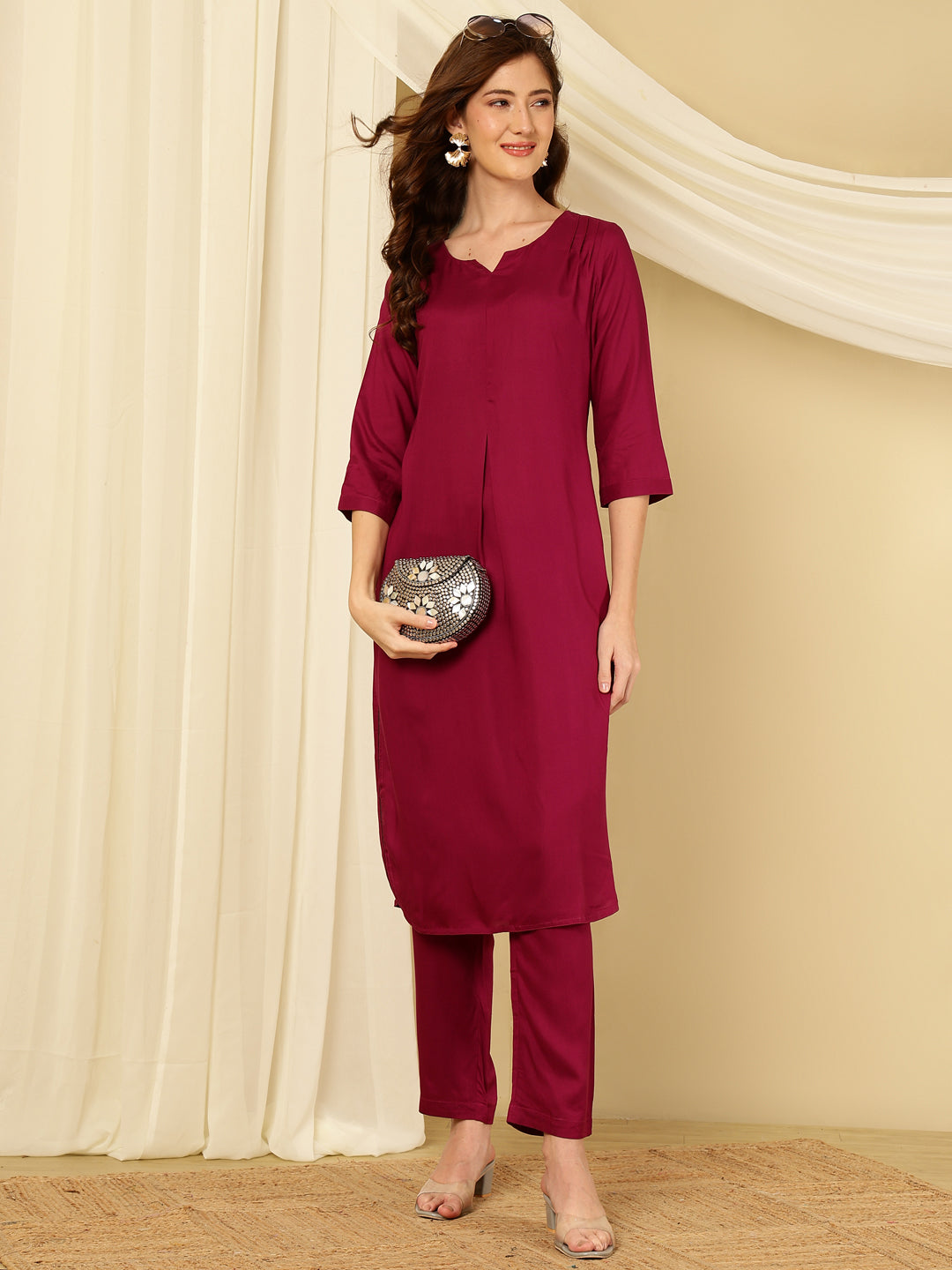 Purple Pleated Straight Kurta With Pants