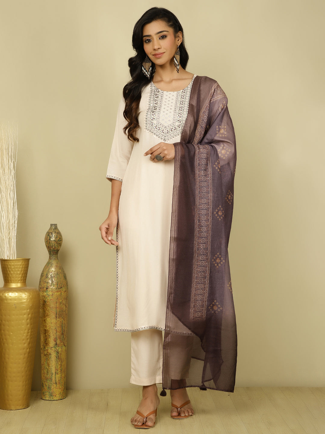 Beige Embroidered Festive Suit Set