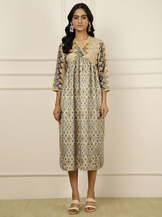 Geometric Printed Gathered Mustard Dress