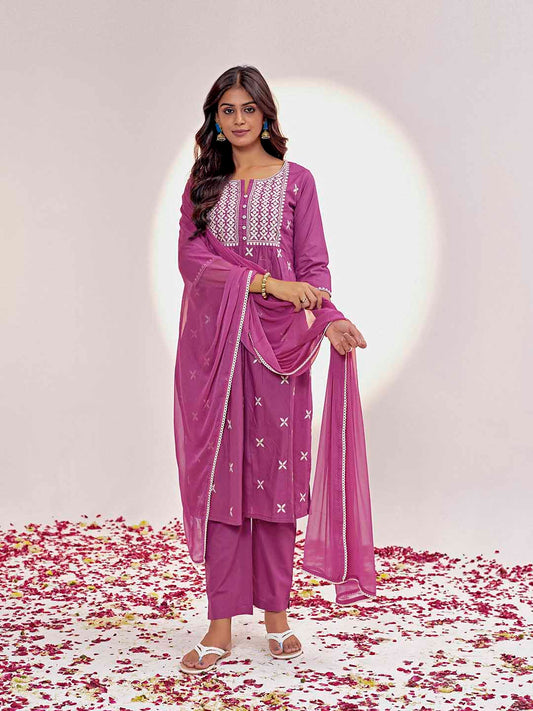 Magenta Threadwork Embroidered Pure Cotton Kurta Set With Dupatta