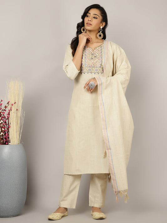 Beige Mirror Work Embroidered Festive Suit Set