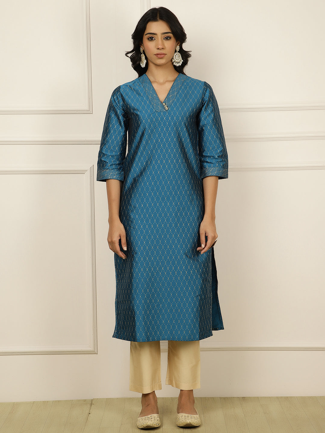 Teal Blue Ethnic Printed Straight Kurta