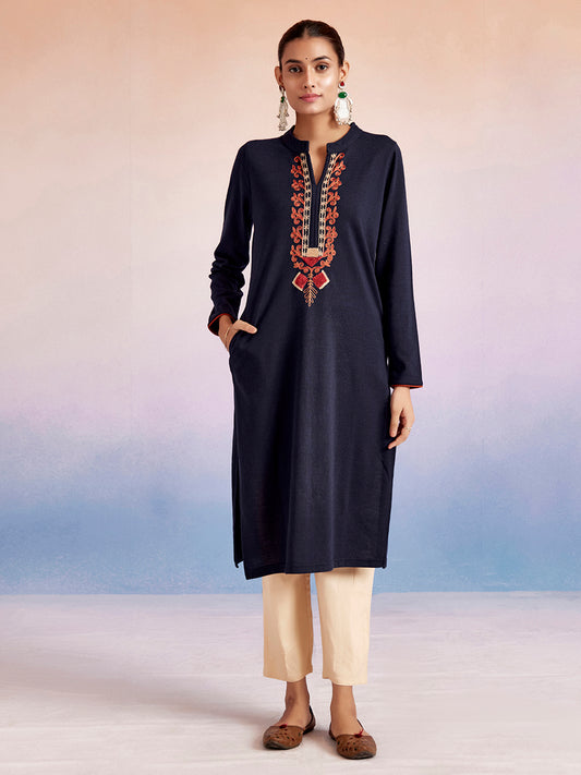 Navy Blue Embroidered Straight Woolen Kurta