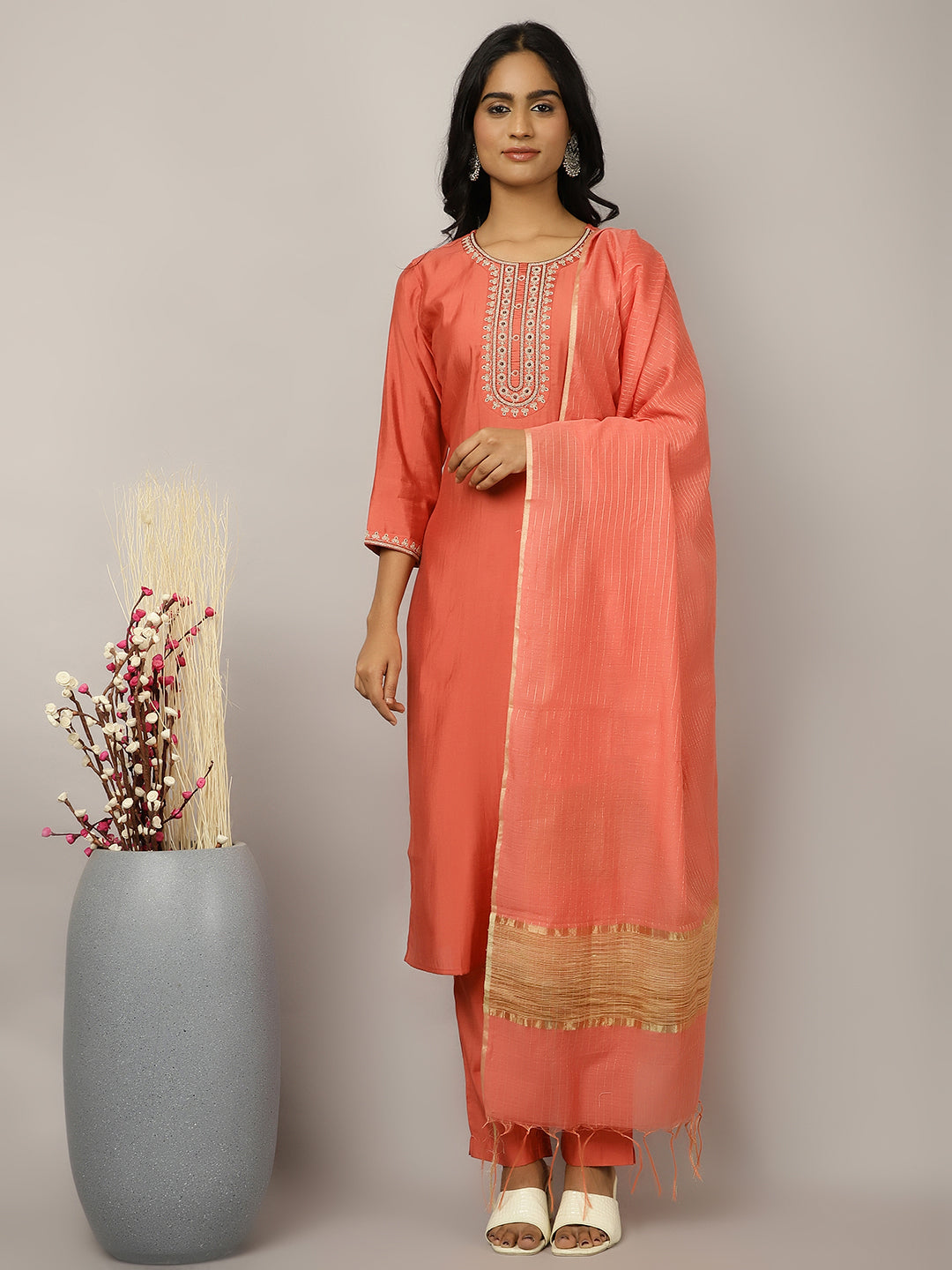 Silk Blend Coral Embroidered Suit Set