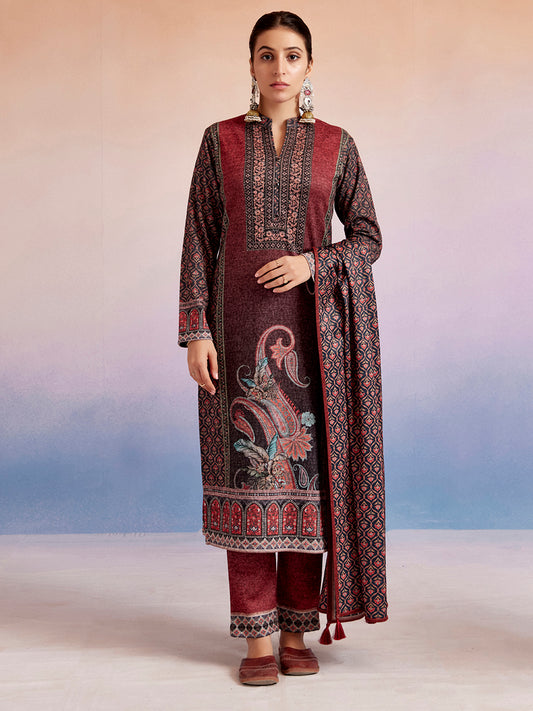 Rust Woolen Floral Printed Kurta Set With Dupatta