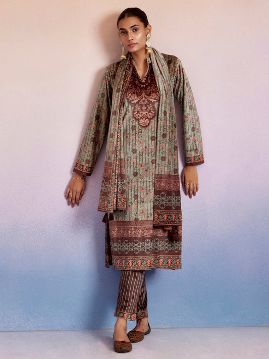 Mint Green Woolen Ethnic Printed Kurta Set With Dupatta