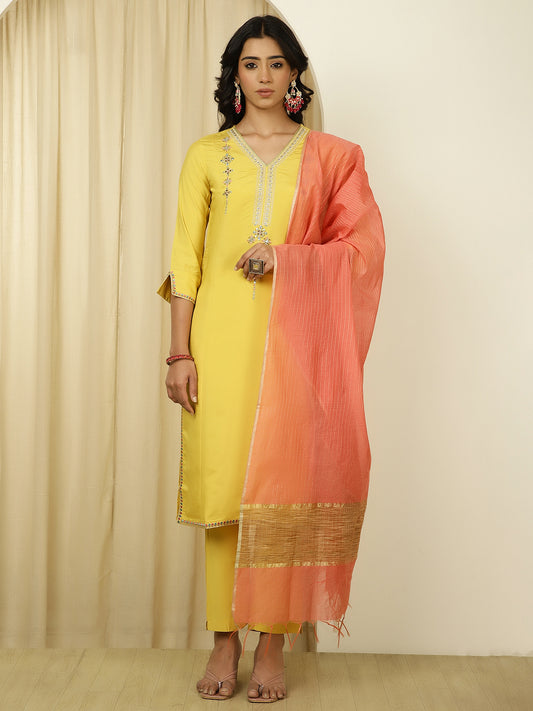 Silk Blend Mustard Embroidered Suit Set