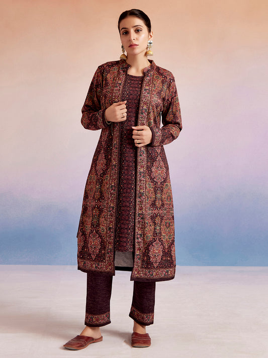 Wine Color Woolen Ethnic Printed Co-ord Set