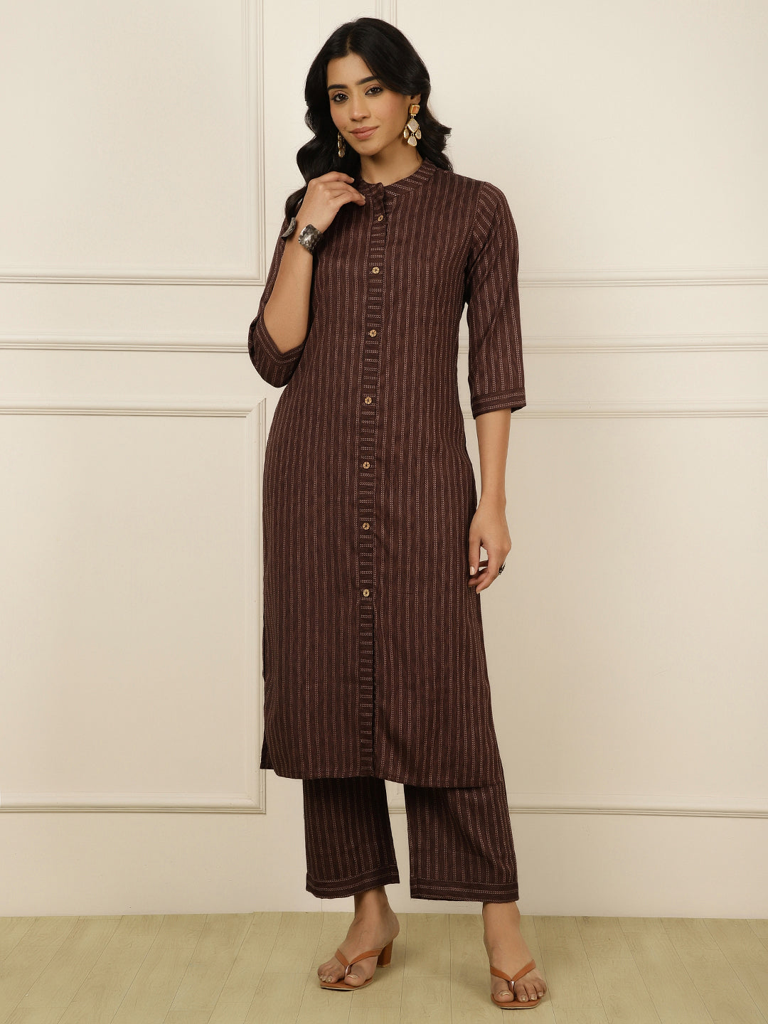 Self-Design Straight Brown Kurta With Palazzo