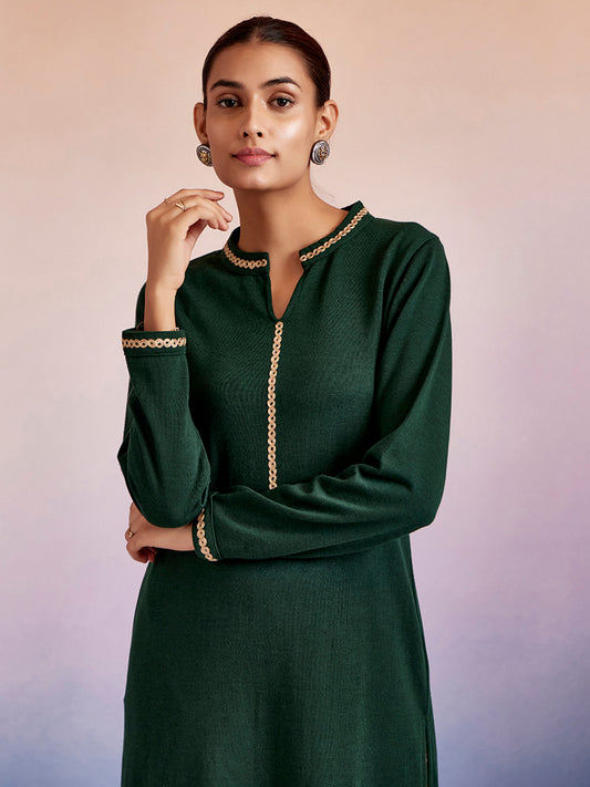 Dark Green Embroidered Straight Woolen Kurta