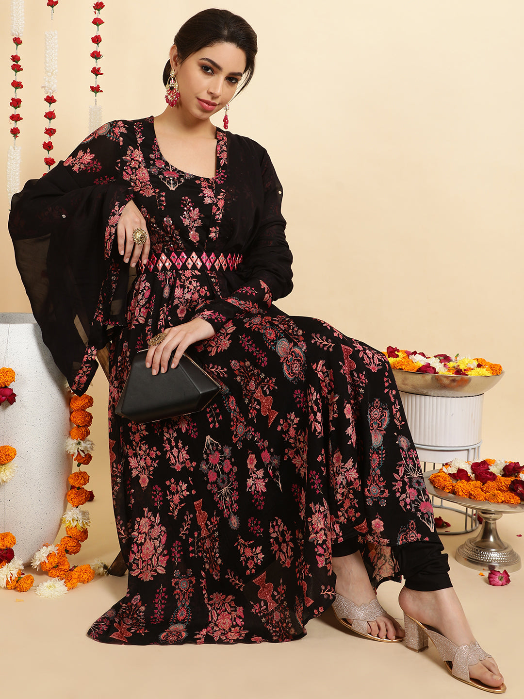 Black Ethnic Printed Zardozi Anarkali Kurta With Churidar And Dupatta