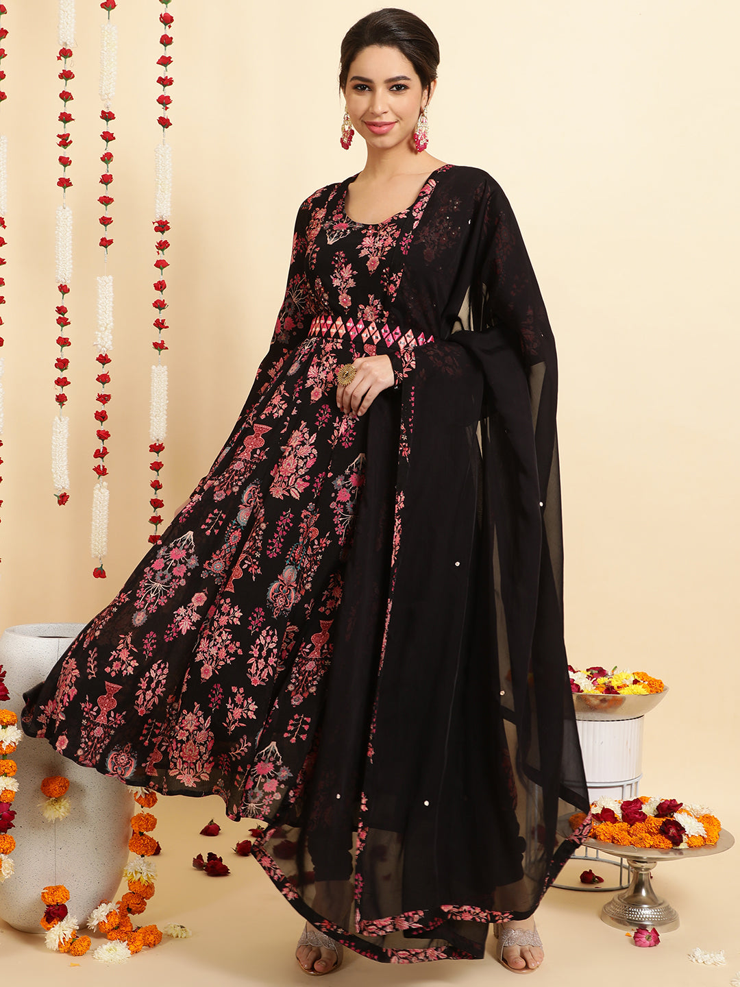 Black Ethnic Printed Zardozi Anarkali Kurta With Churidar And Dupatta