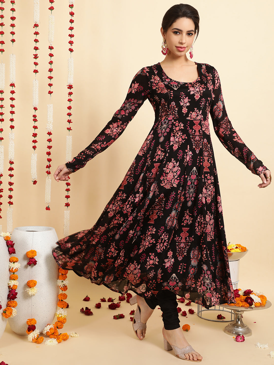 Black Ethnic Printed Zardozi Anarkali Kurta With Churidar And Dupatta