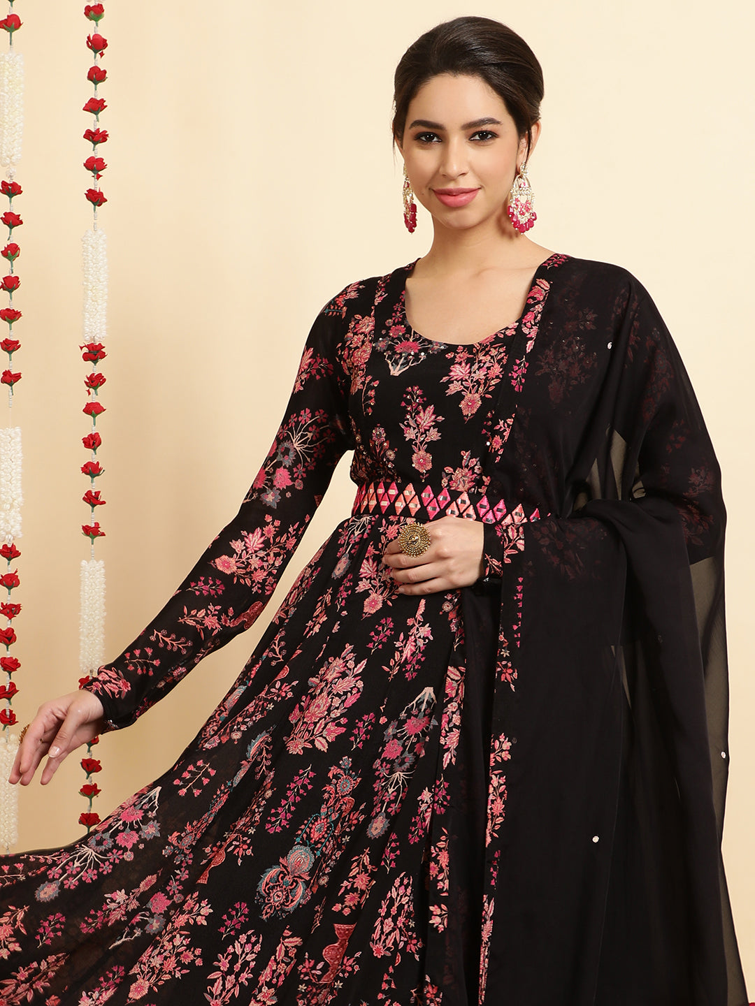 Black Ethnic Printed Zardozi Anarkali Kurta With Churidar And Dupatta